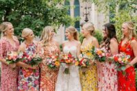 bold floral maxi and midi bridesmaid dresses with mismatching designs and necklines are gorgeous for a vintage wedding