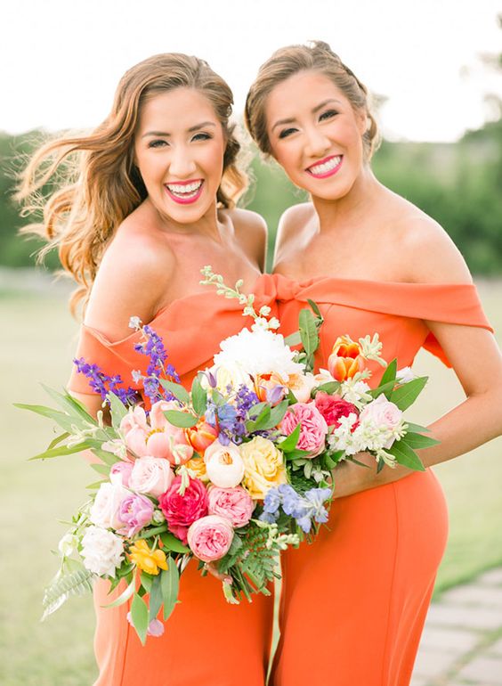 bold orange off the shoulder semi fitting bridesmaid dresses and colorful bouquets for a bright summer wedding