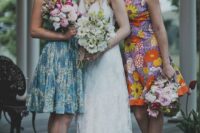 bright floral knee A-line bridesmaid dresses with colorful floral prints are amazing for a retro wedding