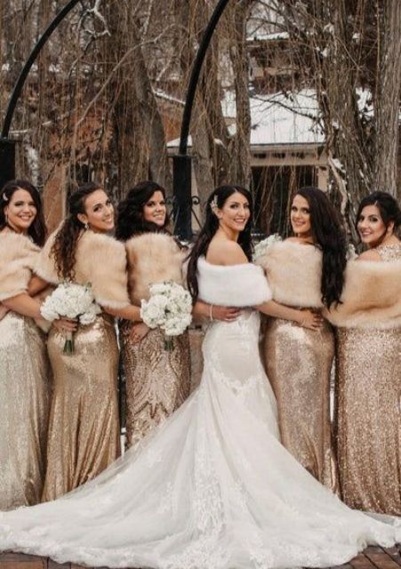 champagne and gold sequin maxi bridesmaid dresses paired with neutral fur stoles are a cool idea for a glam wedding