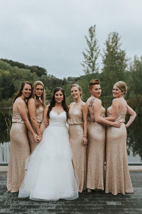 champagne-colored sequin maxi bridesmaid dresses with spaghetti straps are amazing for a glam wedding