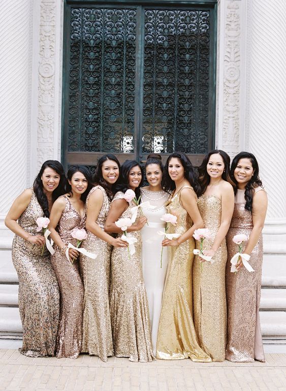 champagne, gold and rose gold sequin maxi bridesmaid dresses are bright and catchy for a glam wedding