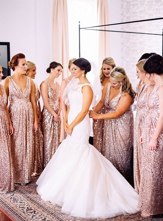 Elegant and chic rose gold sequin maxi briesmaid dresses with draped skirts and V necklines