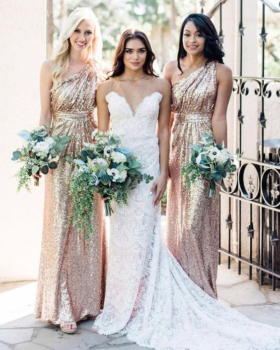 glam rose gold one shoulder bridesmaid dresses with draped bodices are amazing for a glam wedding