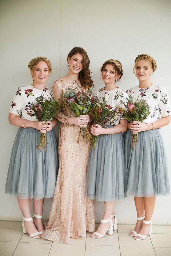 gorgeous midi bridesmaid dresses with floral short sleeve bodices and grey tulle skirts, white shoes are amazing for a vintage wedding
