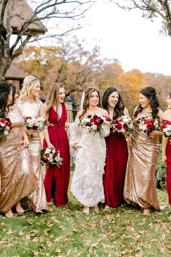 gorgeous rose gold sequin and burgundy maxi bridesmaid dresses are amazing for a chic fall wedding