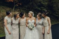 gorgeous vintage embellished maxi bridesmaid dresses in various neutral tones are amazing for a chic vintage wedding