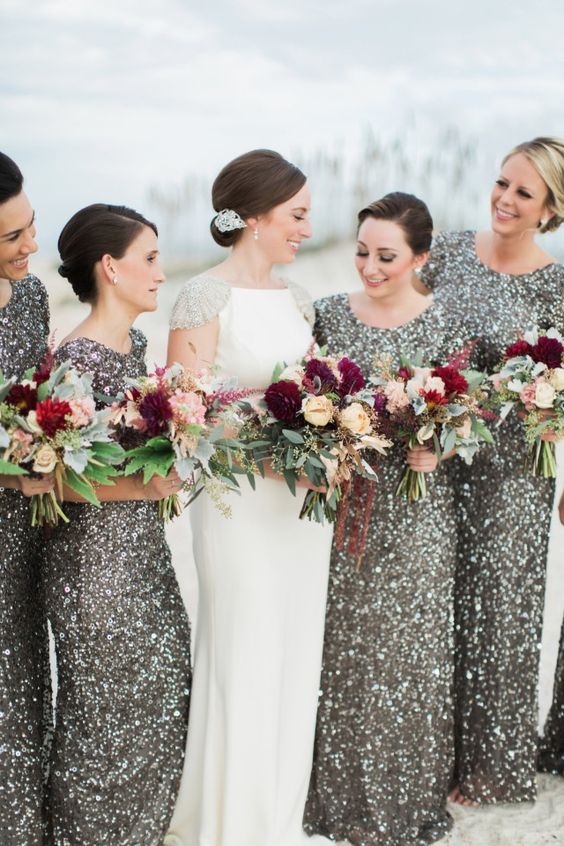 grey and silver sequin maxi bridesmaid dresses with short sleeves and high necklines are amazing for a glam wedding