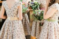 lovely floral A-line midi bridesmaid dresses with V cutout backs and sashes are amazing for retro weddings