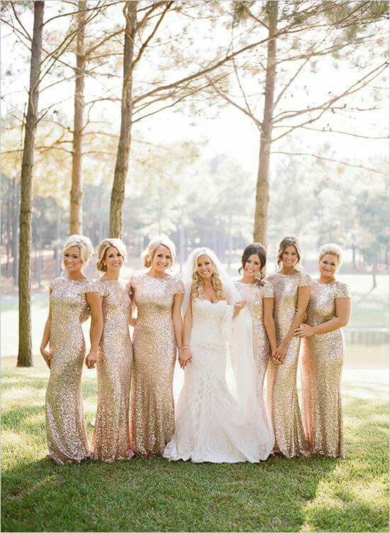 matching gold sequin maxi bridesmaid dresses with high necklines and short sleeves for a glam wedding