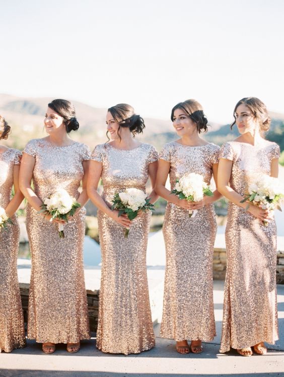 maxi rose gold sequin maxi bridesmaid dresses with high necklines and short sleeves for a glam and formal wedding