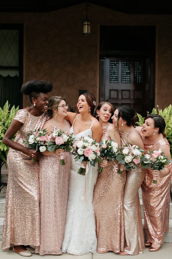 mismatched rose gold and champagne sequin maxi bridesmaid dresses for a chic and glam wedding