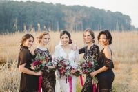 mismatching black lace maxi dresses with long sleeves, short sleeves and off the shoulder ones for a dramatic fall wedding