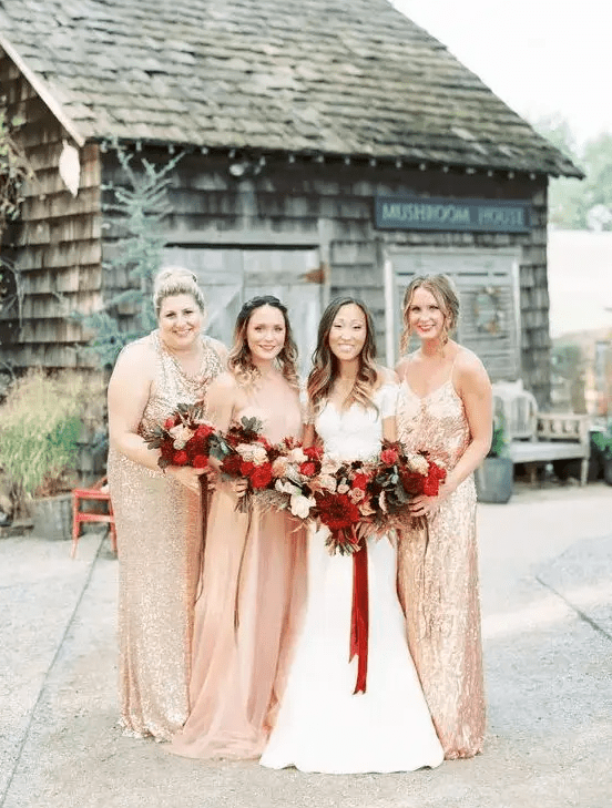 mismatching gold sequin bridesmaid gowns are sure to add a touch of sparkle to your wedding