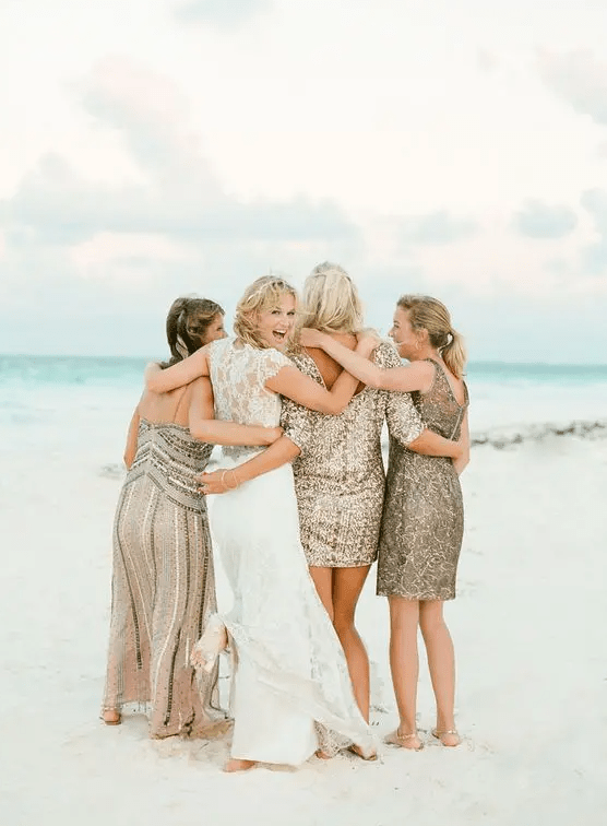 mismatching gold sequin dresses, short, knee and maxi ones for glam beach bridesmaids