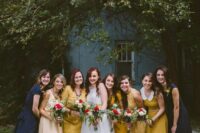 mismatching navy and mustard knee bridesmaid dresses, of plain fabric or lace are adorable for a vintage wedding