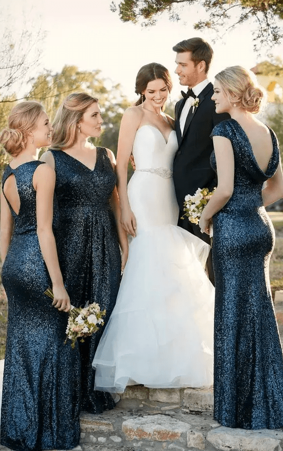 mismatching navy sequin bridesmaids' dresses