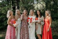 mismatching red, pink and white midi and maxi bridesmaid dresses, with sequins and polka dots