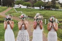 mismatching white boho lace bridesmaid dresses will fit a boho wedding and will help you pull off a trendy mismatching look