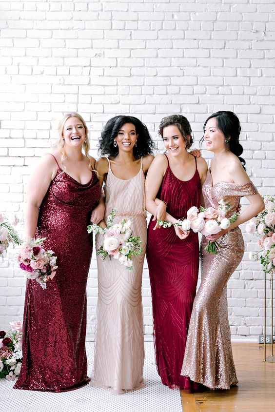 mix and match blush and burgundy embellished and sequin bridesmaid dresses for a burgundy and pink wedding