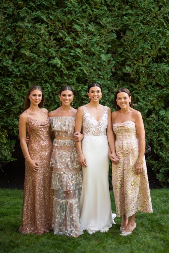 mix and match gold and rose gold embroidered and sequin bridesmaid dresses and nude shoes