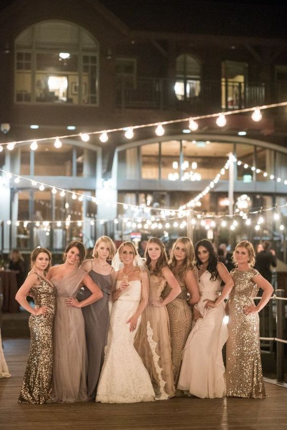 mix and match gold, grey and greige maxi bridesmaid dresses with sequins and without for a cool wedding