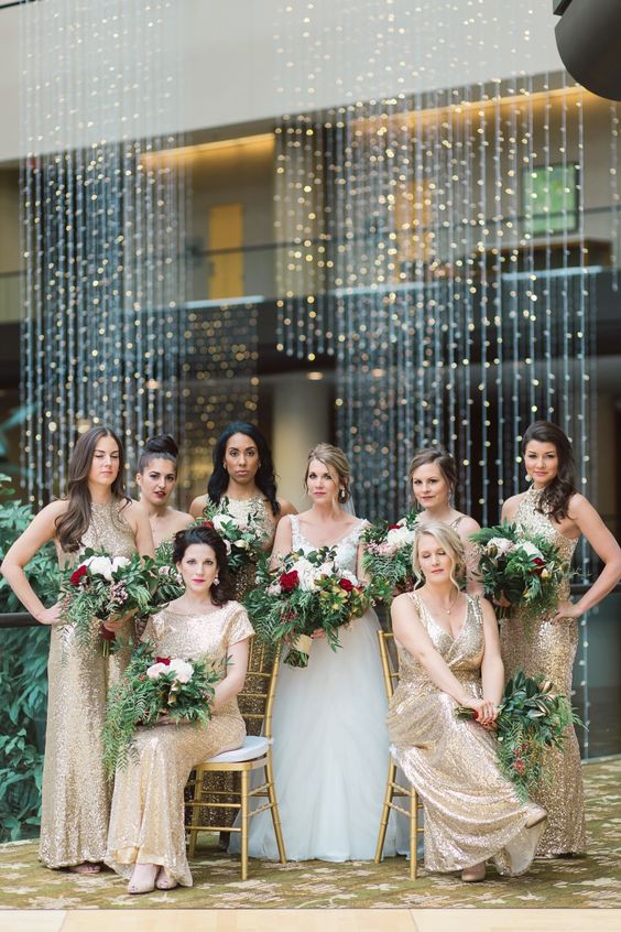 mix and match gold sequin maxi bridesmaid dresses are a lovely idea for a Christmas wedding