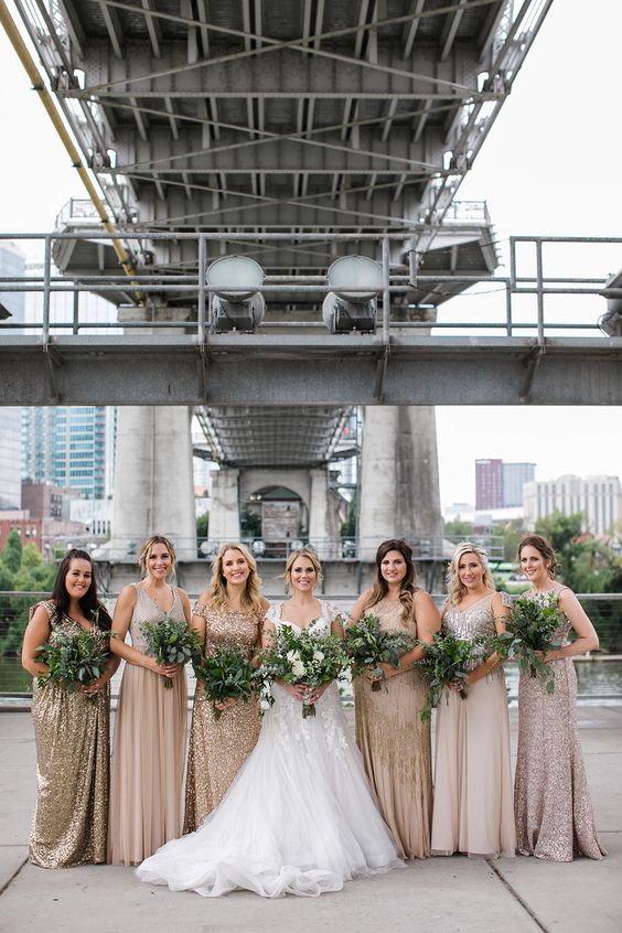 mix and match pale pink, blush and gold maxi bridesmaid dresses including sequin ones are amazing to rock