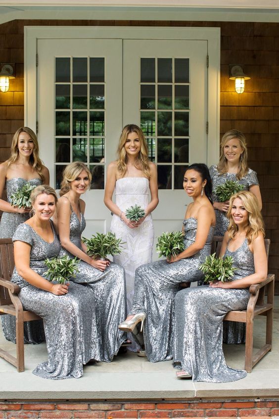 mix and match silver sequin maxi bridesmaid dresses look very cool with greenery bouquets