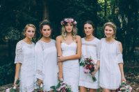 musmatching white boho lace mini dresses inspired by the 70s are great for a hippie or a 70s inspired wedding