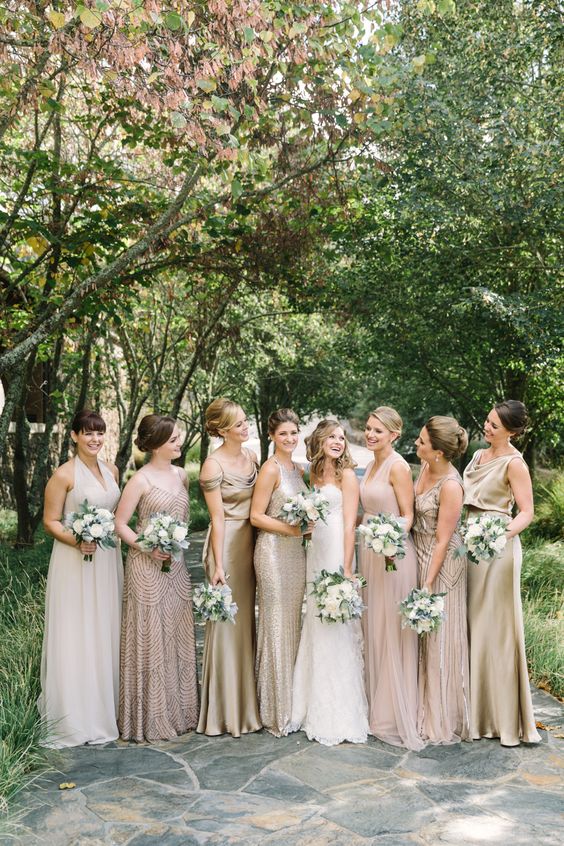 neutral bridesmaid dresses including silver and gold sequin ones for a glam and chic wedding