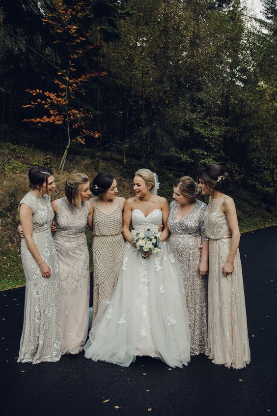 neutral embellished and silver sequin maxi bridesmaid dresses are lovely for a glam and shiny wedding