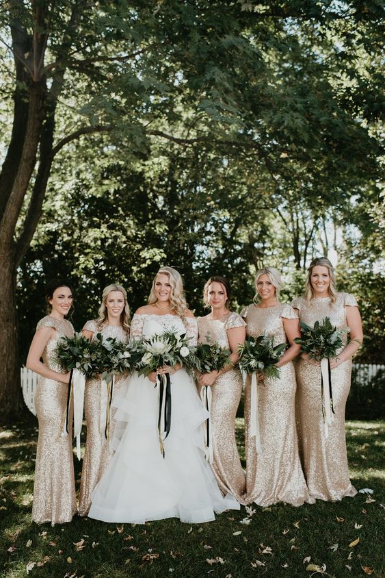 neutral sequin bridesmaid maxi dresses with high necklines and cap sleeves are amazing for a chic and glam wedding
