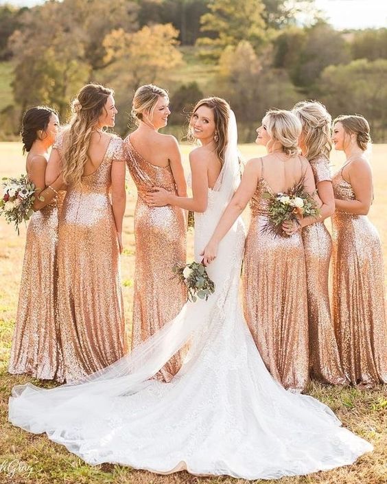 pretty mix and match rose gold maxi bridesmaid dresses with pleated skirts for a shiny glam wedding