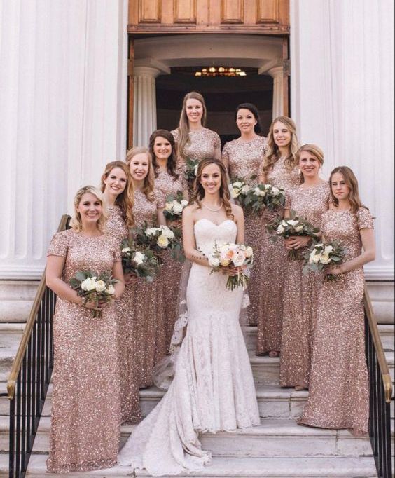rose gold sequin maxi bridesmaid dresses with high necklines and short sleeves for a shiny wedding