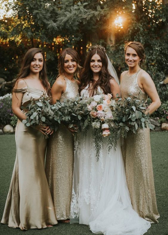 silver mix and match bridesmaid dresses including sequin ones are a cool idea for a neutral wedding