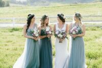vintage-inspired light blue and grey maxi bridesmaid dresses with mismatching necklines are amazing for a vintage wedding