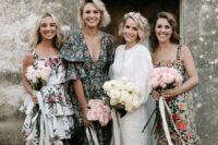 vintage midi tiered ruffle bridesmaid dresses with floral prints are amazing for a vintage-inspired wedding