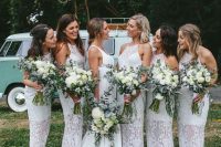 white boho lace midi bridesmaid dresses with halter necklines and nude shoes are very chic and very elegant and will fit a summer wedding