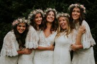 white lace turmpet bridesmaid dresses with short sleeves and V-necklines are ideal for a spring or summer boho weddings