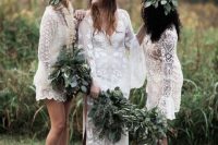 white short boho lace bridesmaid dresses with long sleeves for a trendy white bridal party