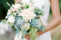 a delicate wedding bouquet of white roses, blush dahlias, greenery, thistles and succulents is a lovely idea for spring