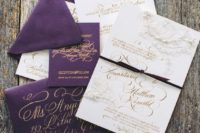 a gorgeous purple, white and gold wedding invitation suite with calligraphy is a chic idea for the fall