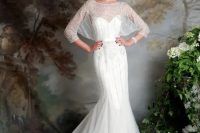 a mermaid wedding dress with a sweetheart illusion neckline, half sleeves and beading is a very chic and bold idea to rock at the wedding