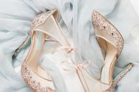 copper glitter wedding shoes with sheer parts and glitter heels are a cool glam accent