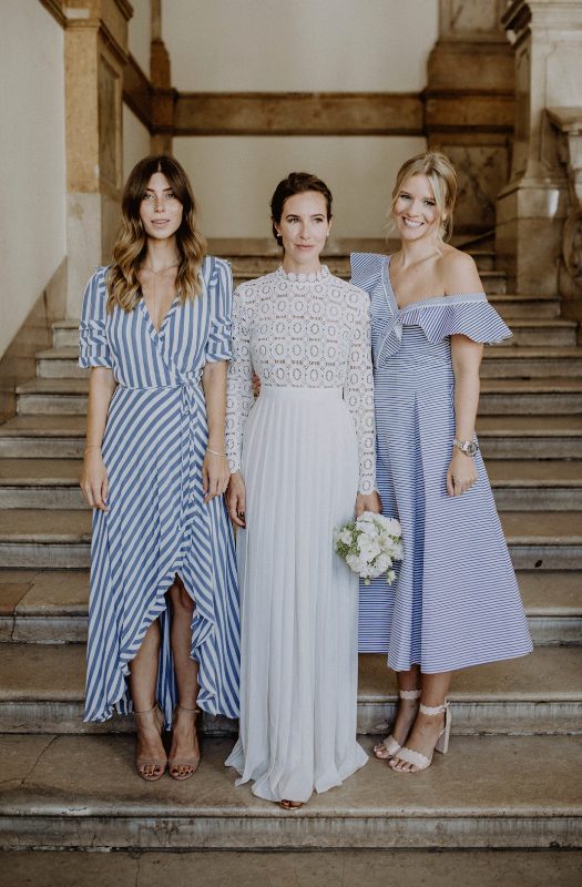 gorgeous nautical striped blue and white midi bridesmaid dresses, a wrap one and an off the shoulder one