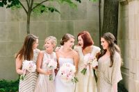 lovely glam mismatching bridesmaid dresses including a sleeveless mini striped one, a silver sequin mini dress, a neutral A-line dress and an embellished striped dress