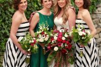 lovely maxi bridesmaid dresses with a strapless neckline, horizontal stripes on the bodice and diagonal ones on the maxi skirts