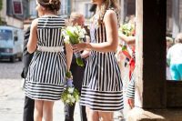 pretty and chic A-line black and white stripe bridesmaid dresses with both vertical and horizontal stripes, nude shoes are cool