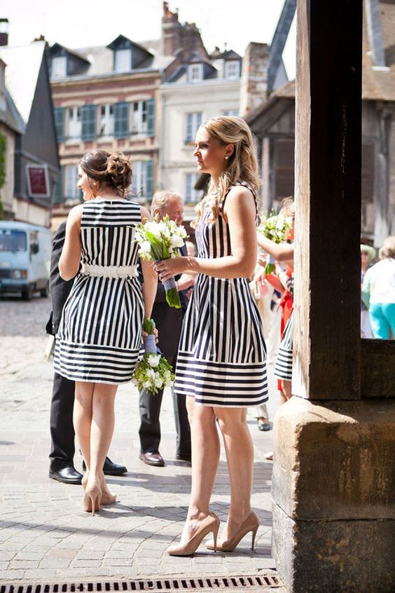 pretty and chic A-line black and white stripe bridesmaid dresses with both vertical and horizontal stripes, nude shoes are cool